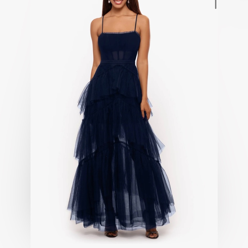 Betsy & Adam Tulle dress size 2 formal gown NAVY BLUE corset